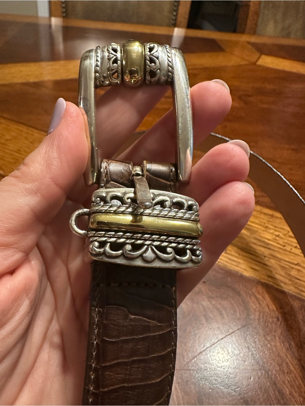 Brighton Brown Croc-Embossed Leather Belt with Decorative Silver-Gold Buckle - Picture 4 of 7